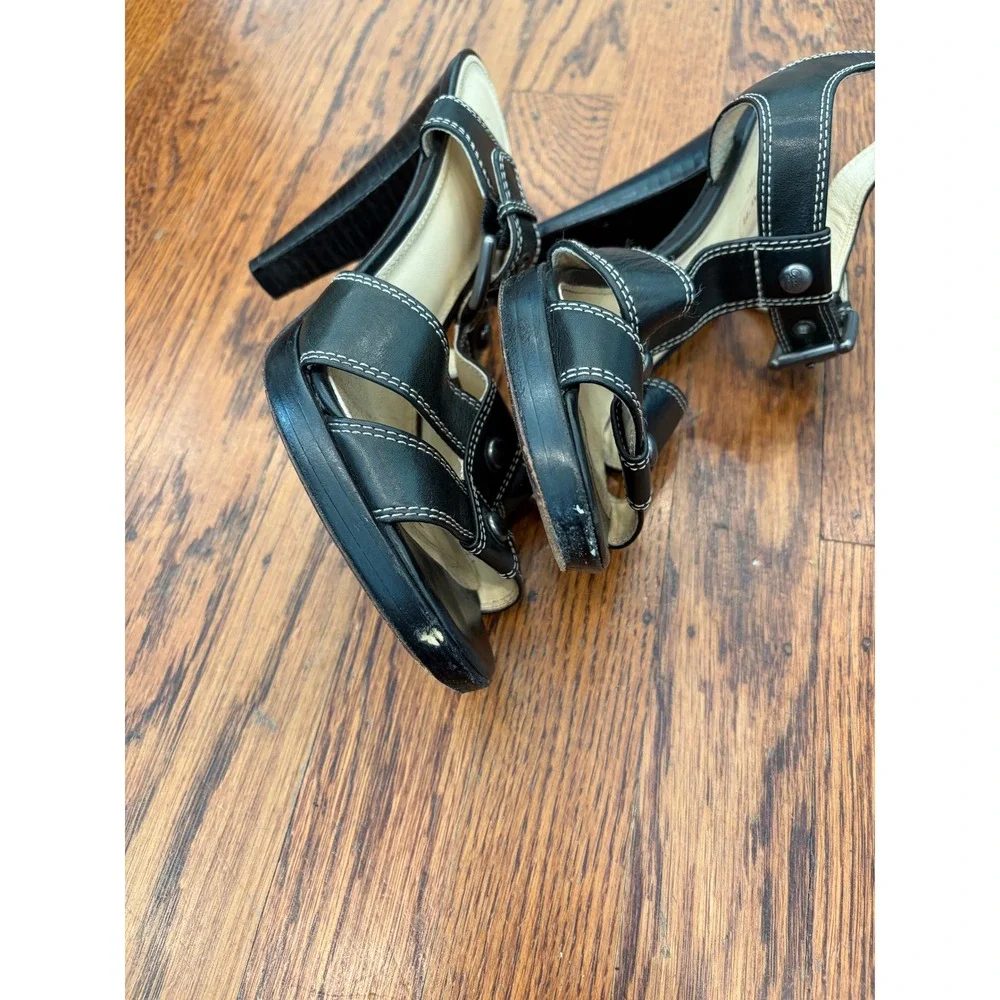 Coach Womens Black Leather T-Strap Platform Sandals Contrast Stitch Heels 7.5 B